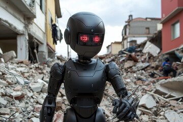 Obraz premium A menacing black robot standing amidst the rubble of a destroyed urban landscape, exuding a sense of technological dominance and ominous foreboding in a post-apocalyptic scenario.