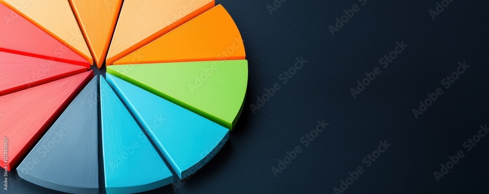Poster a colorful pie chart segmenting data into vibrant sections on a dark background, symbolizing analysi