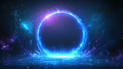 Obraz premium Glowing neon circle energy portal with blue and purple light effects.