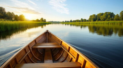 Obraz premium wooden rowing boat on calm river during summer, surrounded by lush greenery and reflecting sunlight. serene atmosphere invites relaxation and exploration