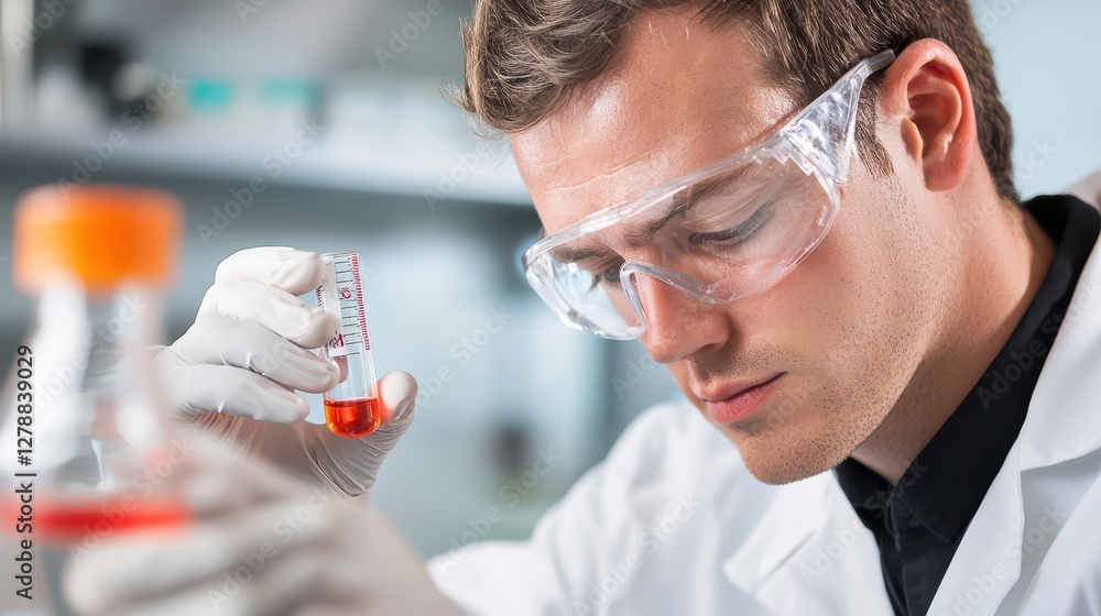 Poster scientist conducting experiment with test tube in laboratory setting