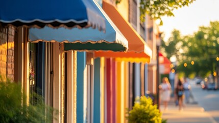 Retro Urban Charm Vibrant Local Shops with Colorful Awnings for Spring - National Mom and Pop Business Owners Day and Earth Day - Strengthening Community Bonds and Economic Growth