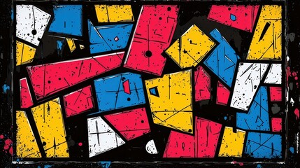 Colorful Abstract Geometric Shapes with Bold Lines and Textures on Black Background