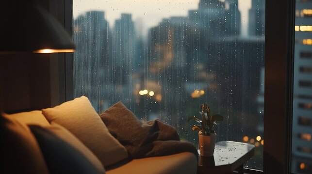 Close-up shot of the window in a modern apartment with a rainy city view, a cozy sofa and a lamp on it, in the evening, with warm light from inside the room.