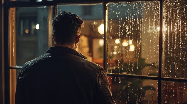 Close-up shot of the window in a modern apartment with a rainy city view, a cozy sofa and a lamp on it, in the evening, with warm light from inside the room.