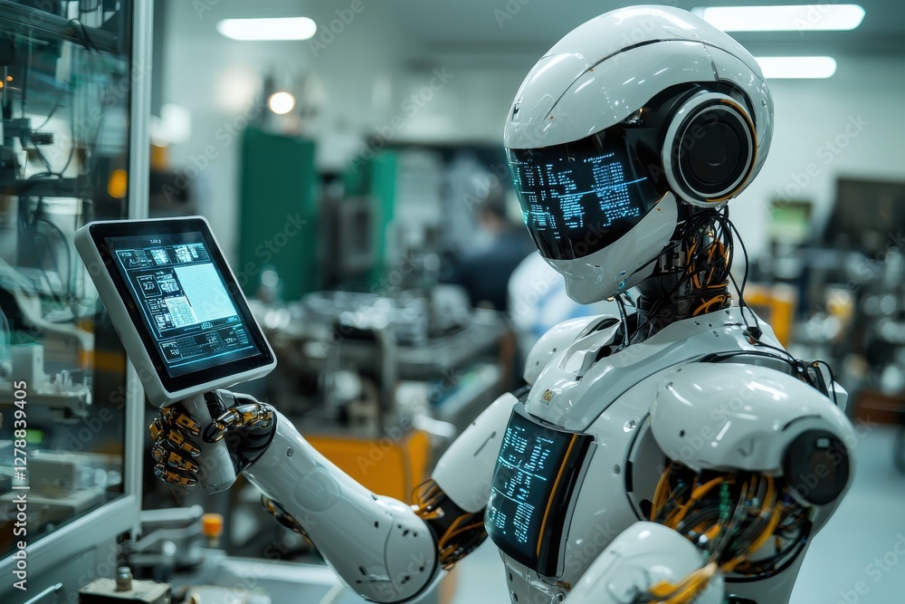 Poster in a bright factory, a modern robot holds a screen with complex data, emphasizing the integration of