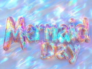 Contemporary Merfolk Enchantment Iridescent Mermaid Day Text in Pastel Ocean Hues - Summer Fantasy and Coastal Retail Experience for Creative Visual Marketing