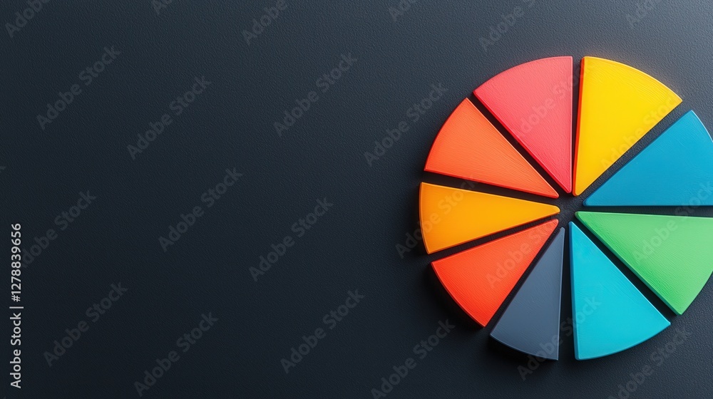 Poster a colorful pie chart on a dark background, showcasing segmented sections in vibrant hues, ideal for 