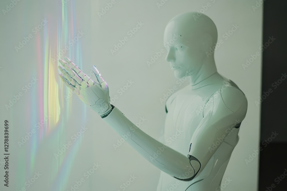 Poster a humanoid robot showcasing a holographic interface from its hand, futuristic design and minimalisti
