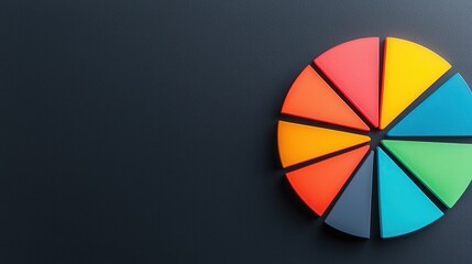 Obraz premium A colorful pie chart on a dark background, showcasing segmented sections in vibrant hues, ideal for visual representation of data or statistics.