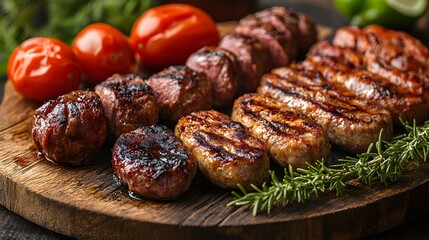 Barbecue skewers loaded with succulent, grilled meat and fresh herbs served with ripe cherry tomatoes and smoky spices. Dish enjoyed during Orthodox Meatfare Sunday celebrations before fasting period
