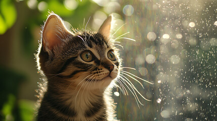 Obraz premium Serene Gaze: A captivating close-up of a tabby kitten gazing towards the light, showcasing its captivating eyes and whisker in a moment of serene contemplation.