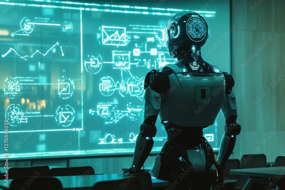 Poster a futuristic robot standing in front of a large screen displaying complex data, in a modern, dimly l