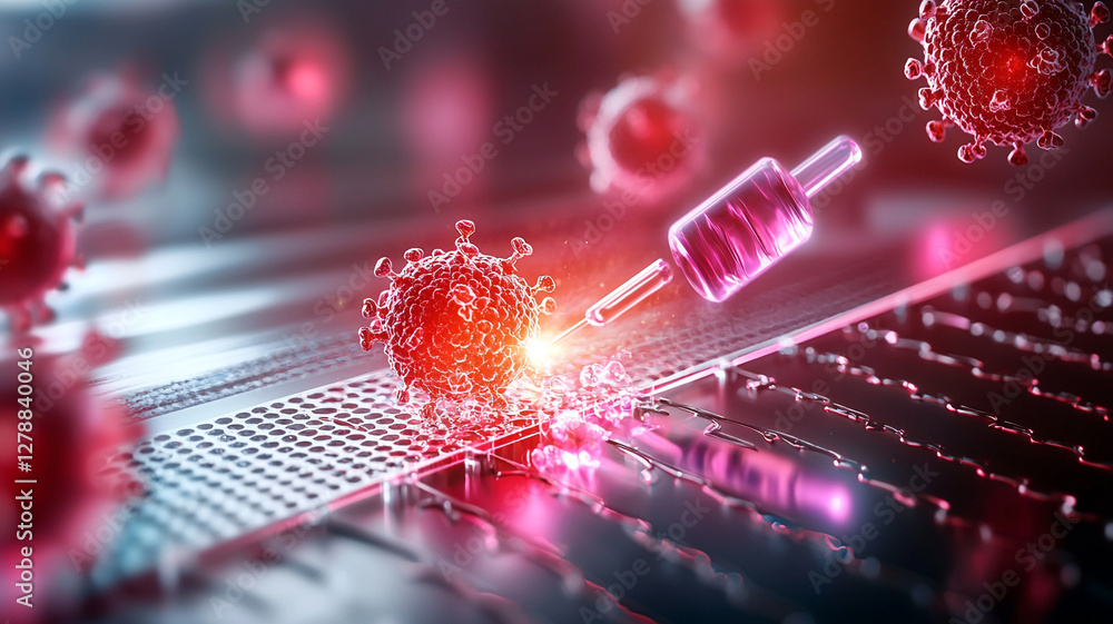 Aufkleber abstract illustration of a vaccine syringe injecting into microscopic virus on a digital circuit bac