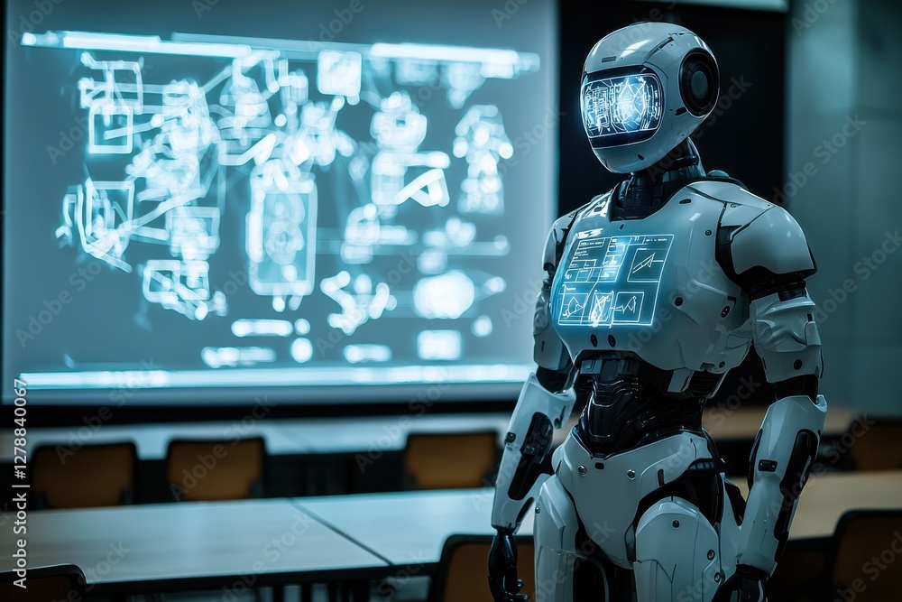 Aufkleber a sleek, white robot stands in a modern conference room with a screen displaying futuristic diagrams
