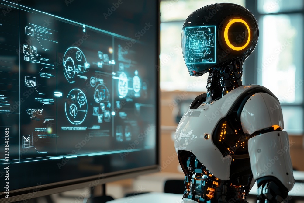 Poster a humanoid robot stands next to a large monitor displaying intricate data and schematic diagrams in 