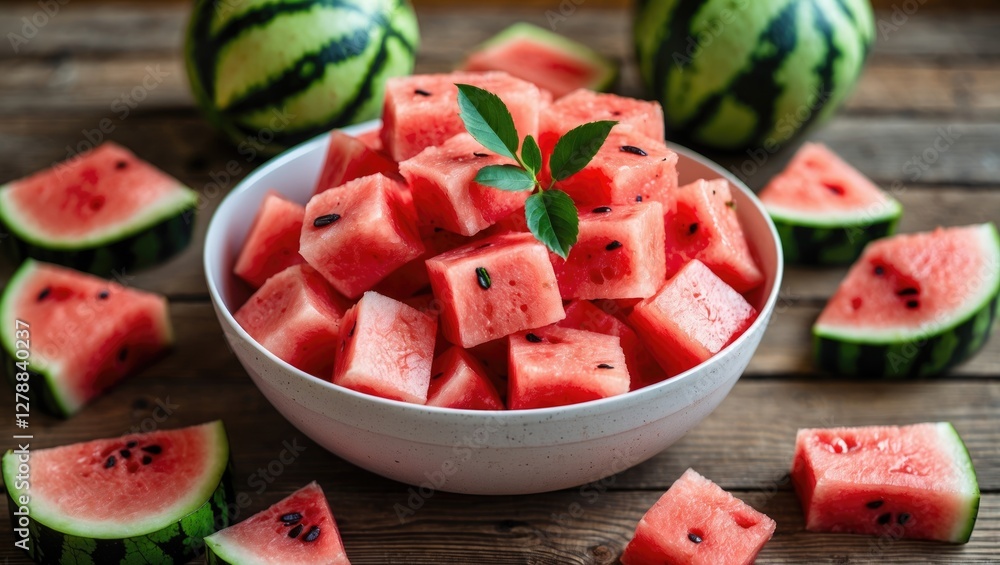 Wall mural Freshly cut watermelon cubes in a bowl surrounded by whole and sliced watermelons on a rustic wooden surface