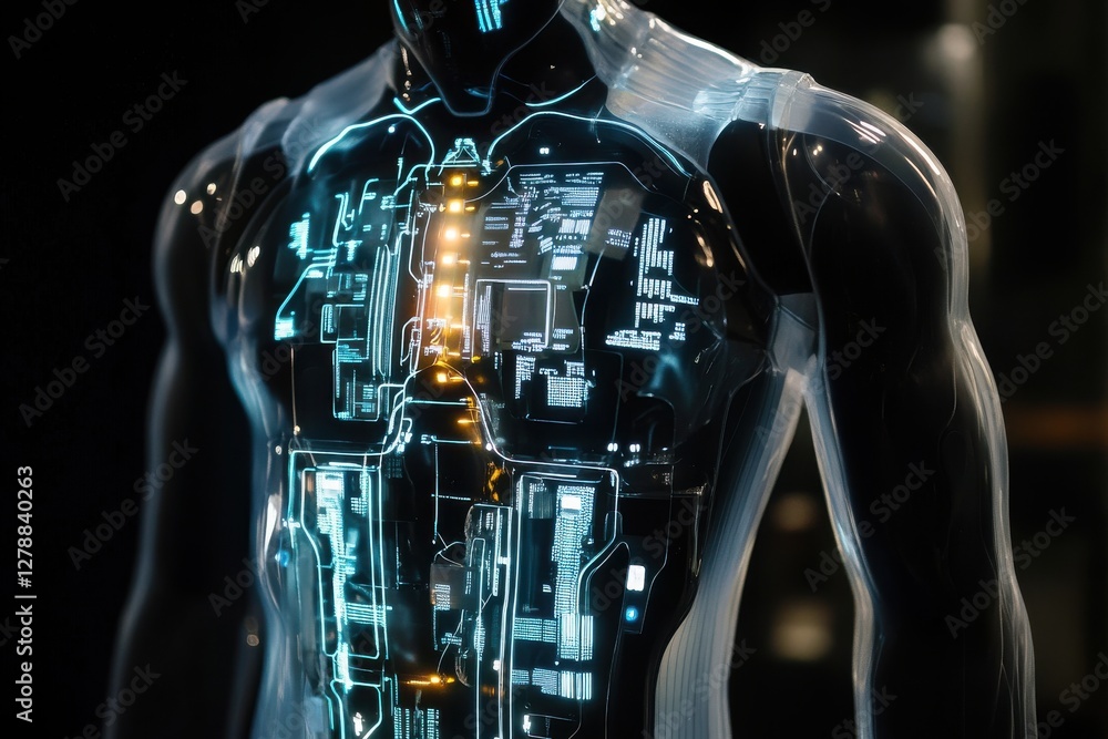 Poster advanced translucent cyborg torso reveals intricate internal data pathways, showcasing cutting-edge 