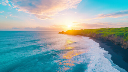 Obraz premium Aerial view of ocean waves gently crashing on black sand beach during sunset, with vibrant colors reflecting on water and lush greenery in background