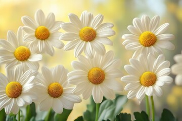Fototapeta premium A vase filled with numerous white flowers featuring vibrant yellow centers, creating a striking and cheerful floral arrangement.