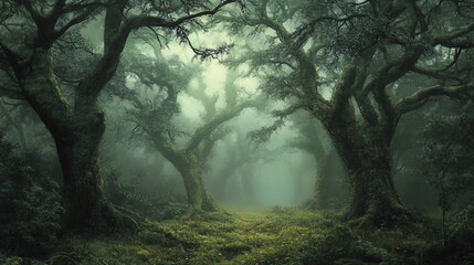 Fototapeta premium Mysterious foggy forest path with moss-covered trees.