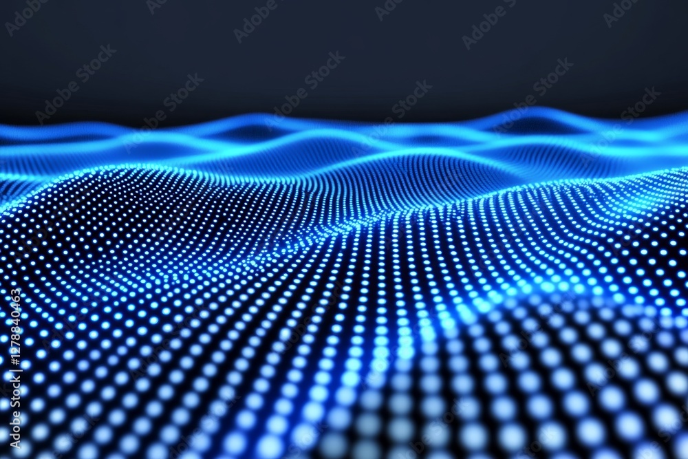Poster Abstract dark blue digital background with sparkling blue light particles and areas with deep depths Particles form into lines, surfaces and grids