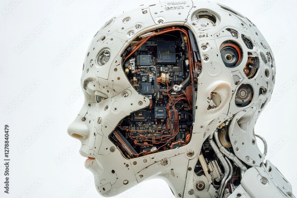 Poster close-up of a futuristic robot head displaying complex internal mechanisms and wiring, showcasing ad