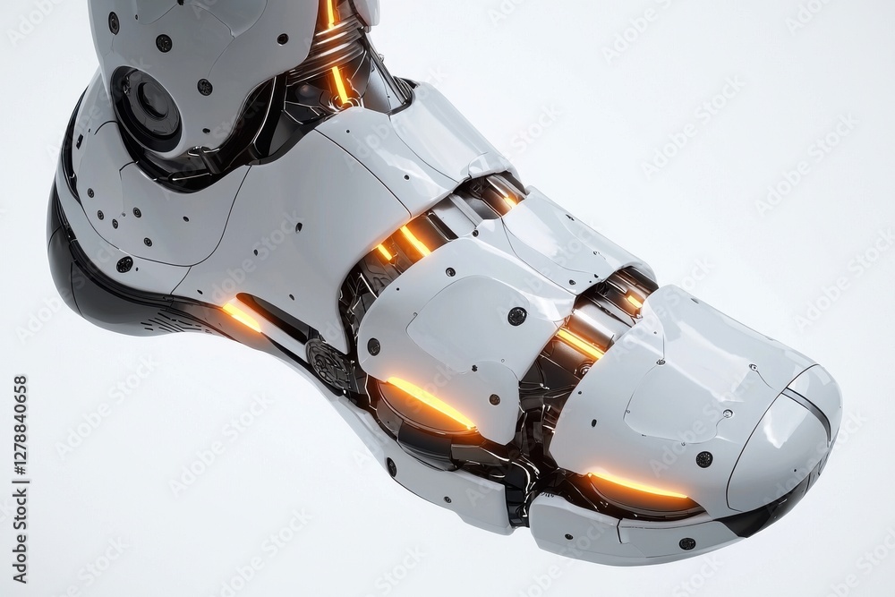 Poster a sleek and futuristic robot foot with intricate design elements and glowing accents, representing a