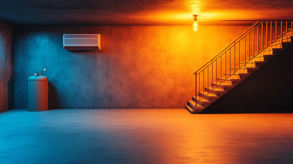 spacious old basement featuring concrete floor, illuminated by warm orange and cool blue lighting. staircase leads to upper level, while air conditioning unit and cylindrical tank add to