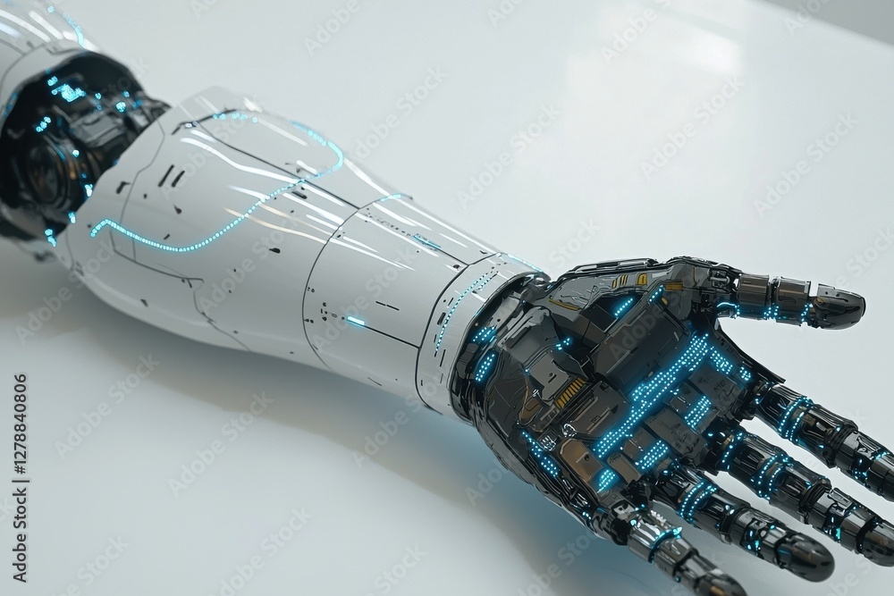 Poster detailed view of a futuristic robotic arm with blue glowing circuits, set against a clean white surf