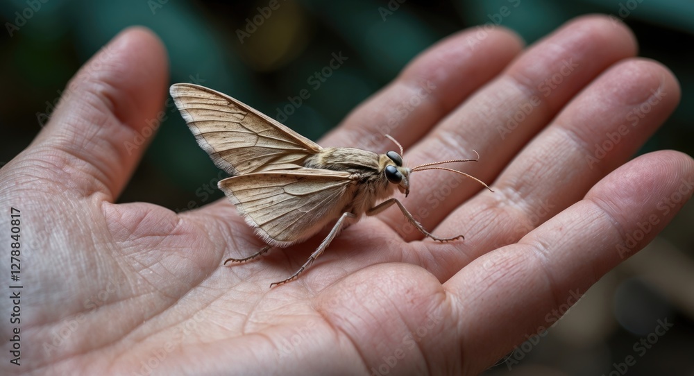 Poster detailed close-up of a large moth resting on an open hand with blurred green background in natural l