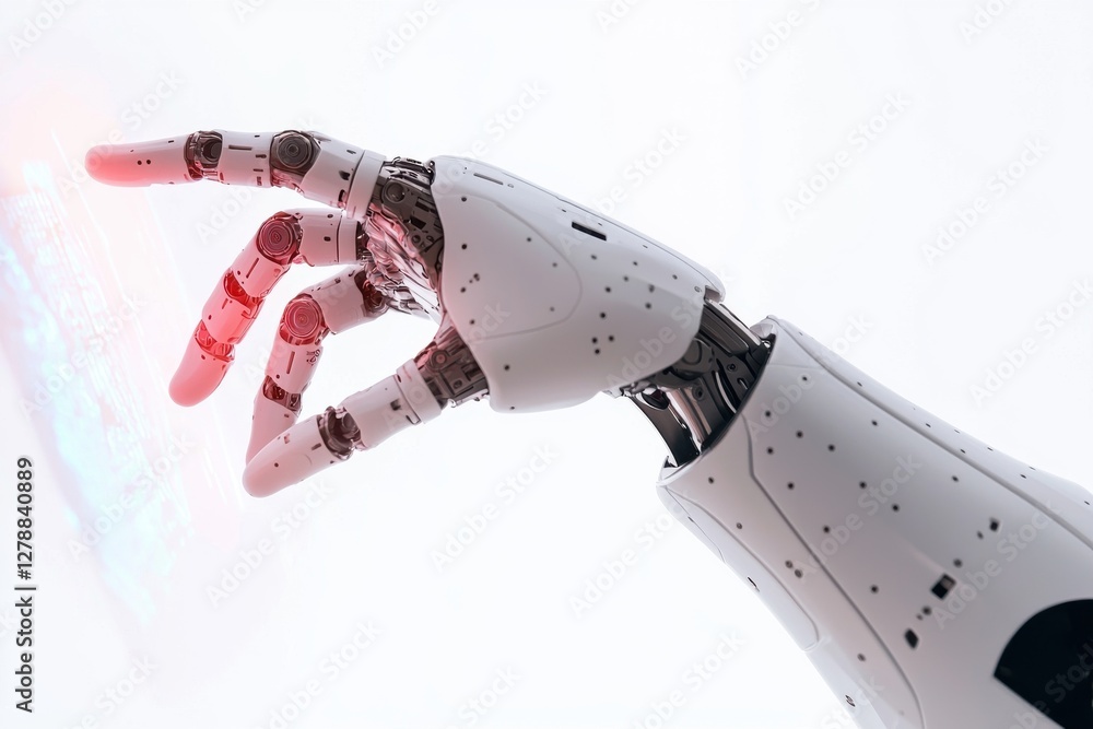 Poster futuristic robot hand interacting with a digital interface, symbolizing advanced technology and huma