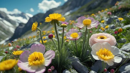 Obraz premium Mountain meadow filled with various colorful wildflowers including yellow daisies and pink ranunculus against a backdrop of mountains and blue sky.