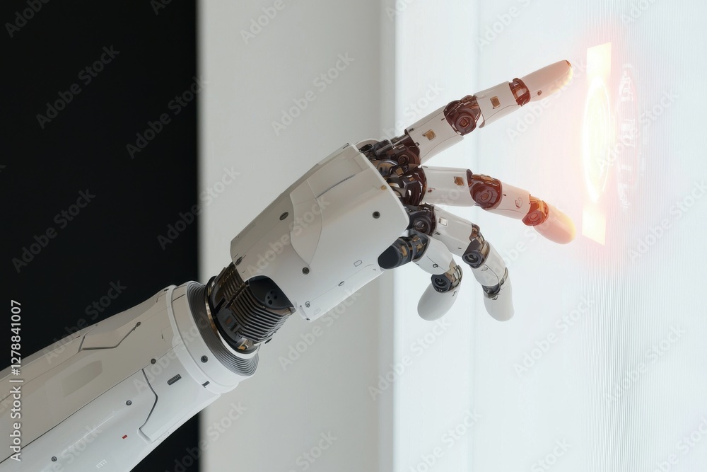 Poster close-up of a robot hand interacting with a digital display, symbolizing the future of technology an