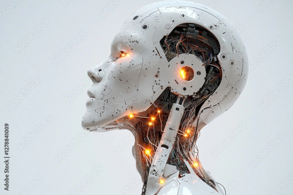 Poster a striking profile of a female-shaped robot head, highlighting the complexity of ai and advanced rob
