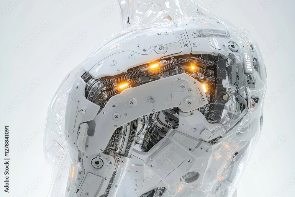 Poster sophisticated design showcasing a futuristic robot body with visible intricate mechanics and wiring 