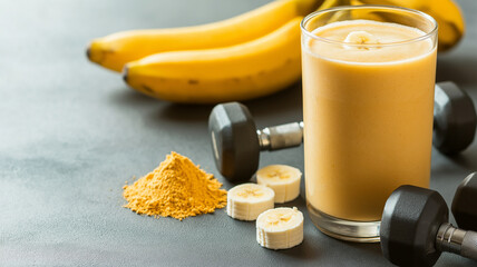 refreshing banana smoothie in glass, surrounded by fresh bananas, protein powder, and dumbbells, perfect for healthy life
