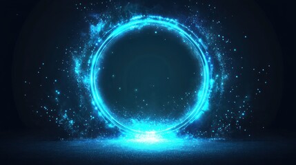 Glowing blue circle light energy ring with particles, dark background.