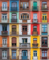 Fototapeta premium A vibrant multicolored building featuring numerous balconies and windows, showcasing a blend of architectural styles and lively colors.