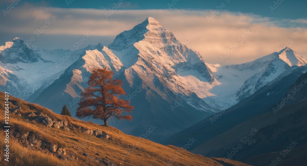 Canvas Prints Majestic snow-capped mountain range with a solitary autumn tree in foreground under a dramatic sky during golden hour.