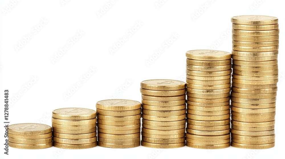 Poster stacked golden coins creating an ascending graphical display