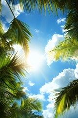 Obraz premium Palm tree leaves against bright blue sky with sun flare