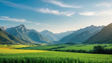 Obraz premium Mountain landscape with green fields and blue sky at sunrise in a panoramic view of the valley and peaks.