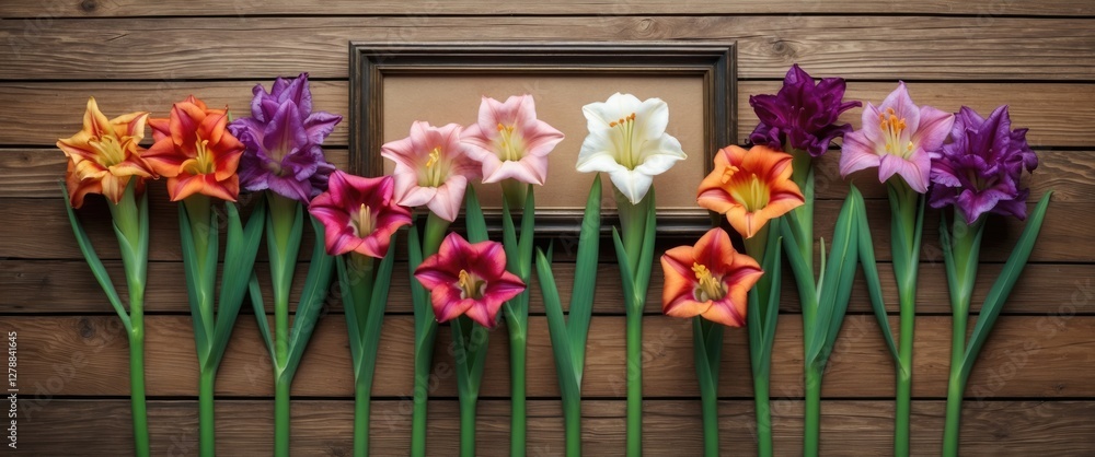 Poster colorful artificial flowers arranged in a line against a wooden background with an empty picture fra