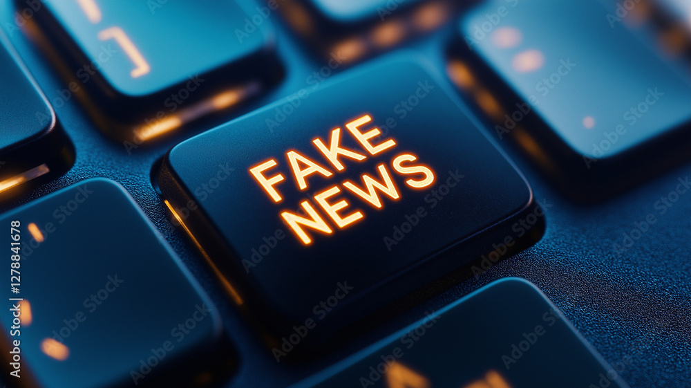 Poster close up view of keyboard key featuring glowing text fake news, symbolizing misinformation in digita