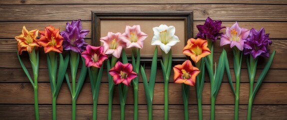 Fototapeta premium Colorful artificial flowers arranged in a line against a wooden background with an empty picture frame in the center.