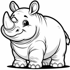 Fototapeta premium Black-and-white funny line art sketch of a friendly rhinoceros for children's coloring book