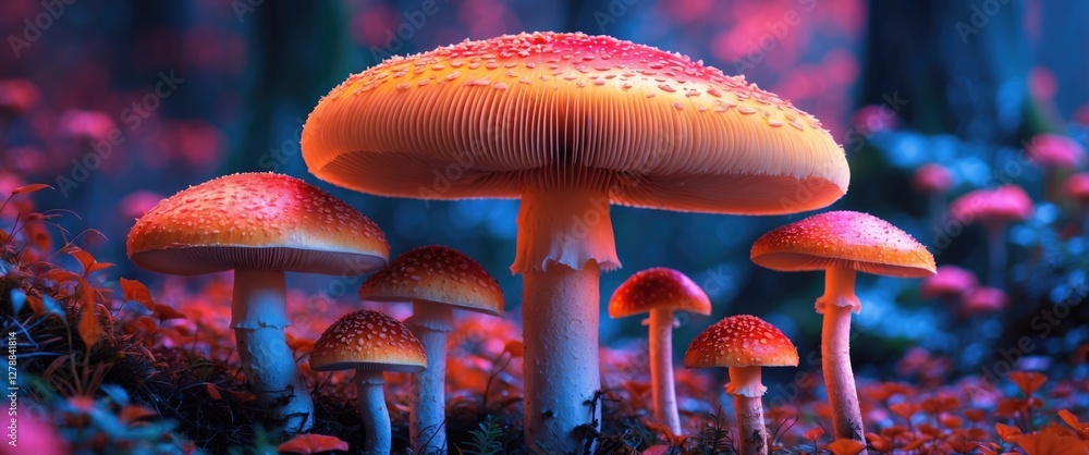 Poster vibrant glowing mushrooms in a dark forest setting with colorful foliage and soft atmospheric lighti
