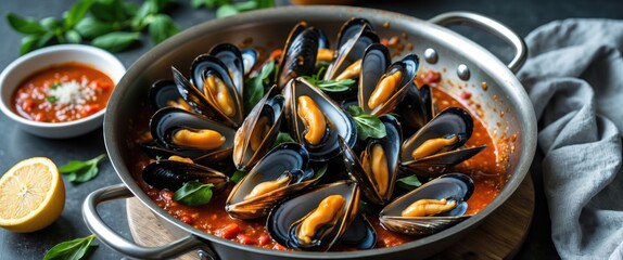 Fototapeta premium Mussels in a tomato sauce garnished with fresh basil served in a stainless steel pan with lemon and dipping sauce on a rustic wooden table