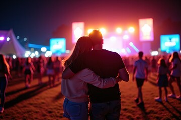 A Romantic Couple Embracing at an Outdoor Music Festival at Night, Surrounded by a Crowd in a Lively Atmosphere with Colorful Lights Illuminating the Scene